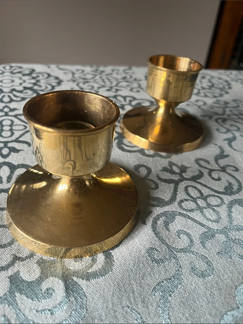 Solid Brass Candle Holders with Blue Taper Candles -Set of 2